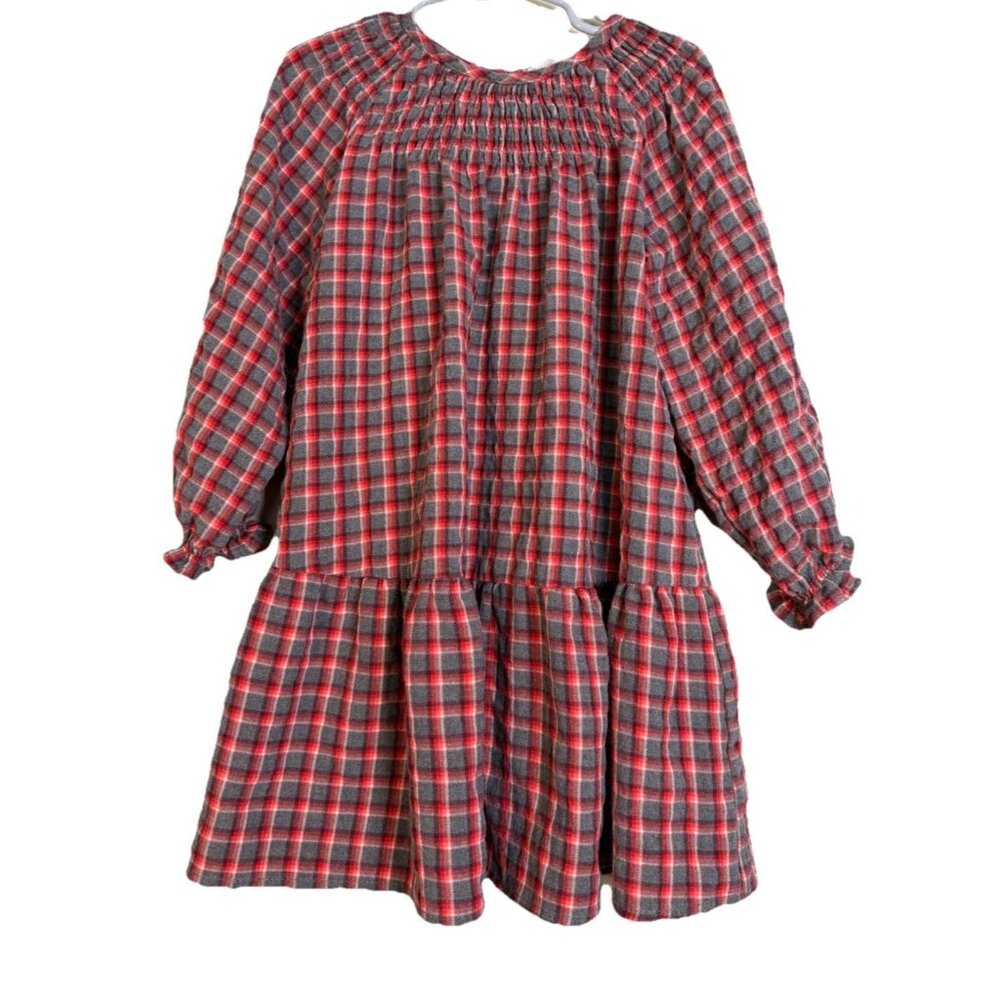 Zara girls dress size 4-5Y Smocked Long Sleeve Holiday Dress‎ Plaid Red Gray